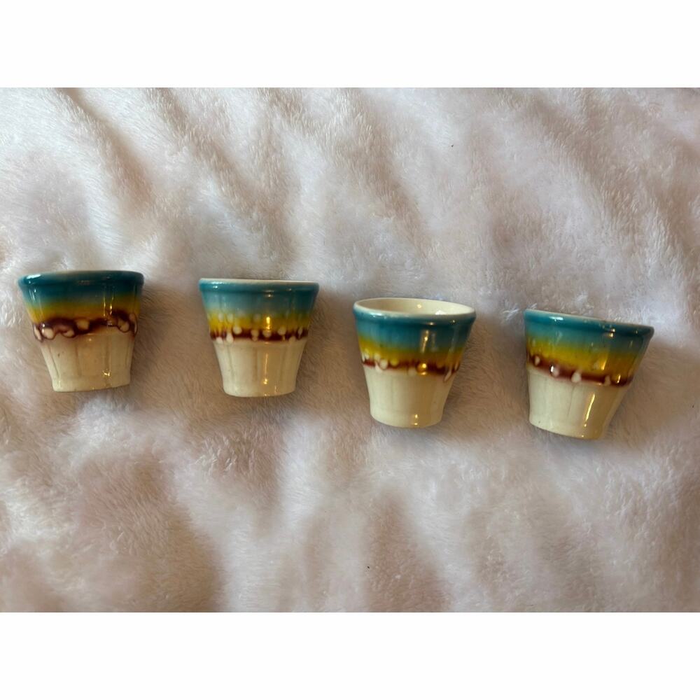 Vintage Set of 4 Drip Glaze Pottery Mini Cups Shot Espresso Toothpick Holders